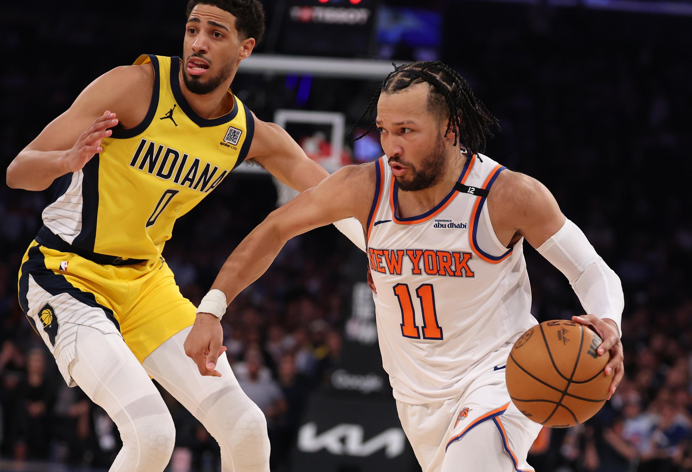 NEW YORK, NEW YORK - MAY 29: Jalen Brunson #11 of the New York Knicks drives against Tyrese Haliburton #0 of the Indiana Pacers during Game 5 of the Eastern Conference Finals at Madison Square Garden on May 29, 2025 in New York City. User expressly acknowledges and agrees that, by downloading and or using this photograph, User is consenting to the terms and conditions of the Getty Images License Agreement. (Photo by Al Bello/Getty Images)