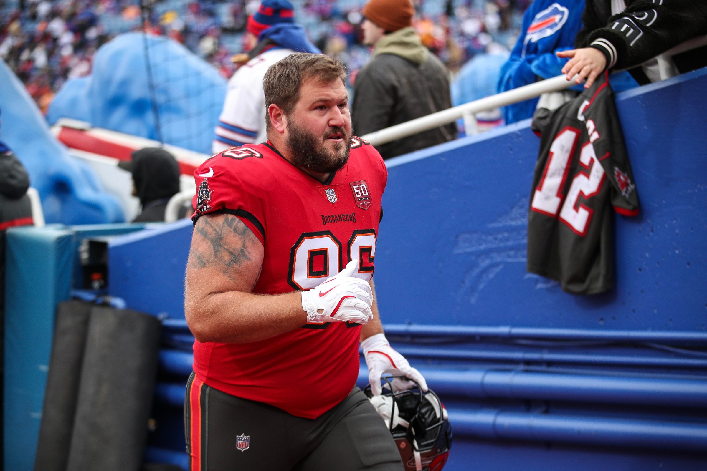 ORCHARD PARK, NEW YORK - NOVEMBER 16: Greg Gaines #96 of the Tampa Bay Buccaneers looks on prior to the NFL 2025 game between Tampa Bay Buccaneers and Buffalo Bills at Highmark Stadium on November 16, 2025 in Orchard Park, New York. (Photo by Bryan Bennett/Getty Images)