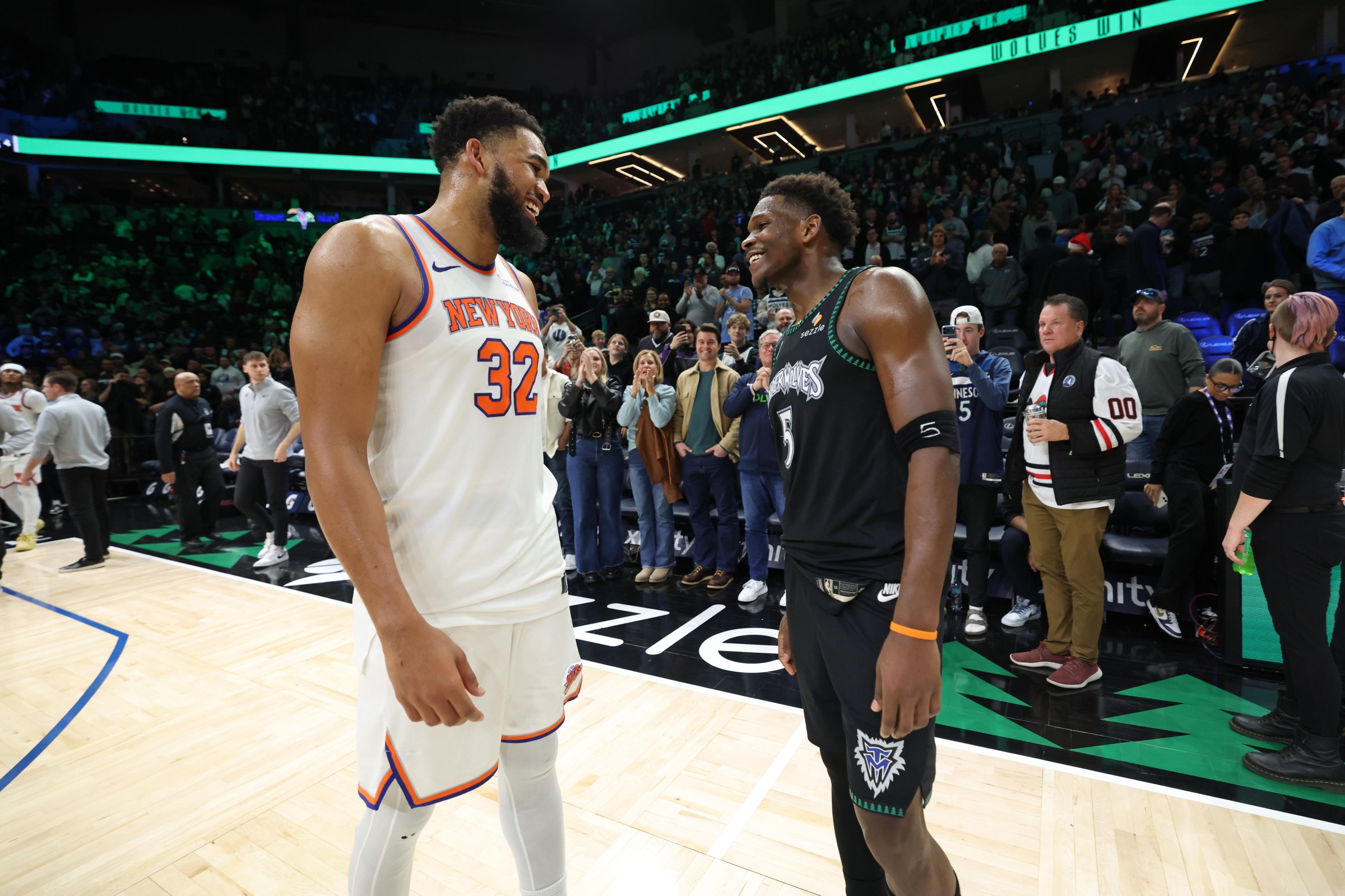 MINNEAPOLIS, MN - DECEMBER 23: Karl-Anthony Towns #32 of the New York Knicks & Anthony Edwards #5 of the Minnesota Timberwolves talk after the game on December 23, 2025 at Target Center in Minneapolis, Minnesota. NOTE TO USER: User expressly acknowledges and agrees that, by downloading and or using this Photograph, user is consenting to the terms and conditions of the Getty Images License Agreement. Mandatory Copyright Notice: Copyright 2025 NBAE (Photo by David Sherman/NBAE via Getty Images)