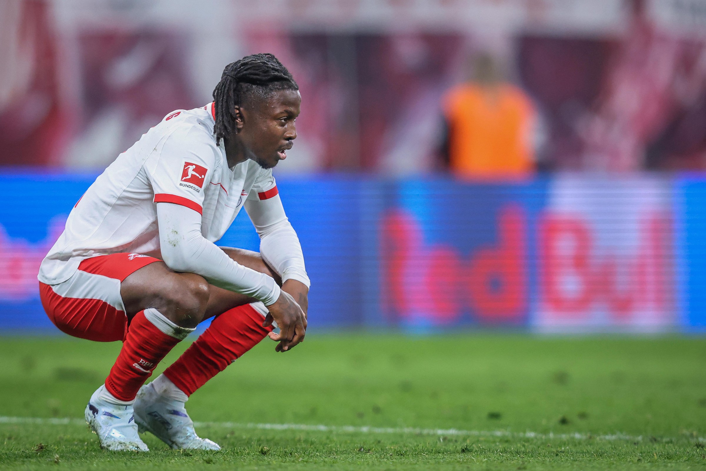 Leipzig’s Belgian forward #09 Johan Bakayoko reacts during the German first division Bundesliga football match between RB Leipzig and Union Berlin in Leipzig, eastern Germany, on April 24, 2026. (Photo by Ronny HARTMANN / AFP via Getty Images)