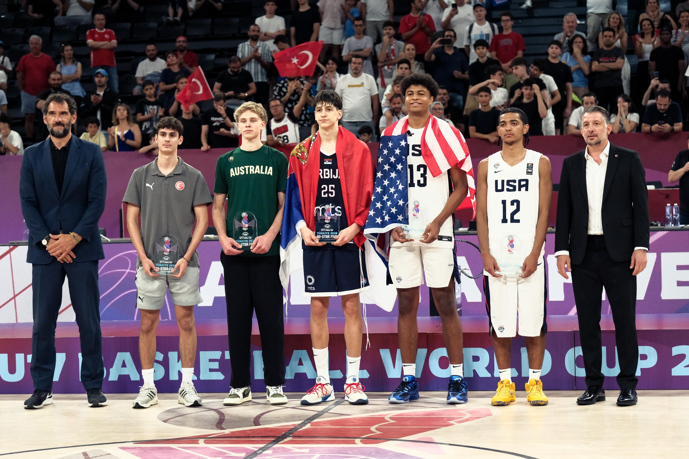 ISTANBUL, TURKIYE - JULY 05: Omer Kutluay of Turkiye, Luke Paul of Australia, Nikola Kusturica of Serbia, Joaquim Boumtje Boumtje and Beckham Black of USA are selected to the All-Star Five during the FIBA U17 Basketball World Cup at BDC Main Venue on July 05, 2026 in Istanbul, Turkiye. (Photo by Ferda Demir/Getty Images)