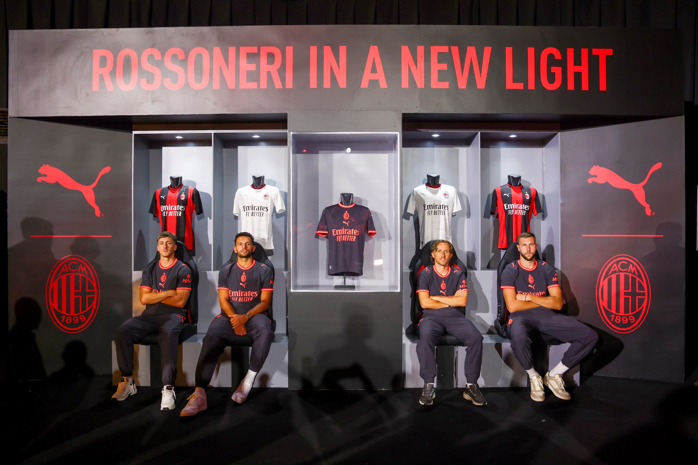 JAKARTA, INDONESIA - AUGUST 08: (L-R) Alexis Saelemaekers of AC Milan, Goncalo Ramos, Luka Modric and Strahinja Pavlovic pose for a photo during the AC Milan Puma Thirt Kit Unveil Event at The Dome, Senayan Park on August 08, 2026 in Jakarta, Indonesia. (Photo by Giuseppe Cottini/AC Milan via Getty Images)