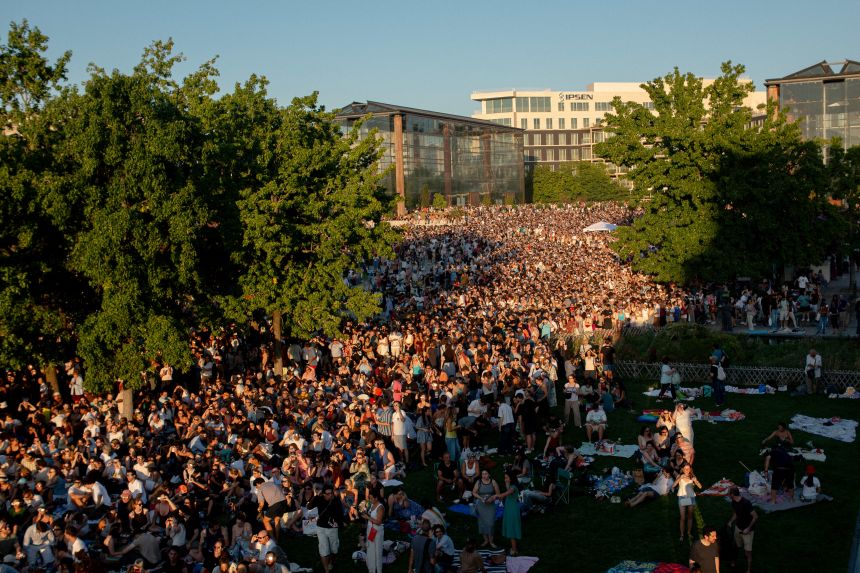 Huge crowds flocked to Paris' Parc Andre Citroen to watch a partial solar eclipse on August 12 2026.