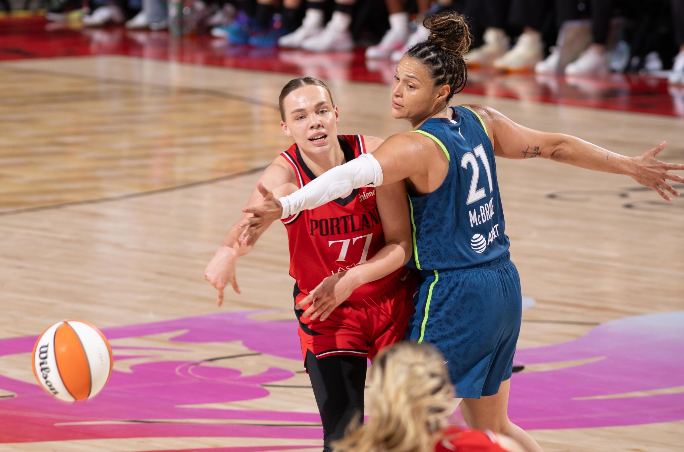 PORTLAND, OR - AUG 12: Holly Winterburn #77 of the Portland Fire passes the ball during the game against the Minnesota Lynx on August 12, 2026 at Moda Center in Portland, Oregon. NOTE TO USER: User expressly acknowledges and agrees that, by downloading and or using this Photograph, user is consenting to the terms and conditions of the Getty Images License Agreement. Mandatory Copyright Notice: Copyright 2026 NBAE (Photo by Jaden Coleman/NBAE via Getty Images)