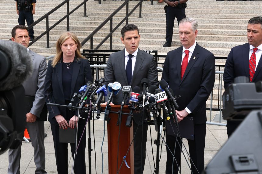US Attorney for the Southern District of New York Jamie McDonald, center, speaks at a news conference alongside New York City Police Commissioner Jessica Tisch, second from left, at a news conference after Luigi Mangione pleaded guilty to the killing of UnitedHealthcare CEO Brian Thompson on Friday.