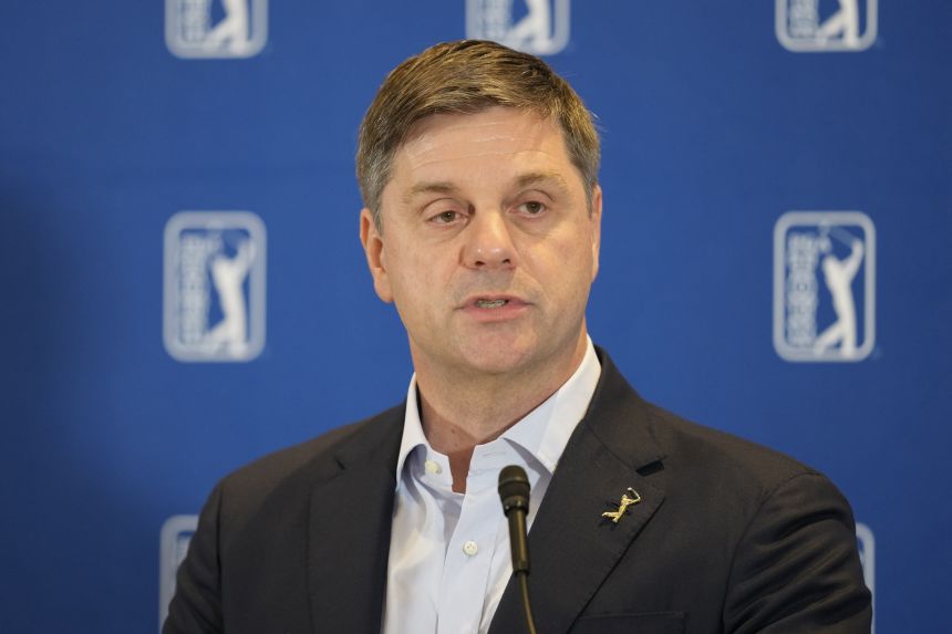 PGA Tour CEO Brian Rolapp speaks to reporters at East Lake Golf Club in Atlanta on Tuesday.