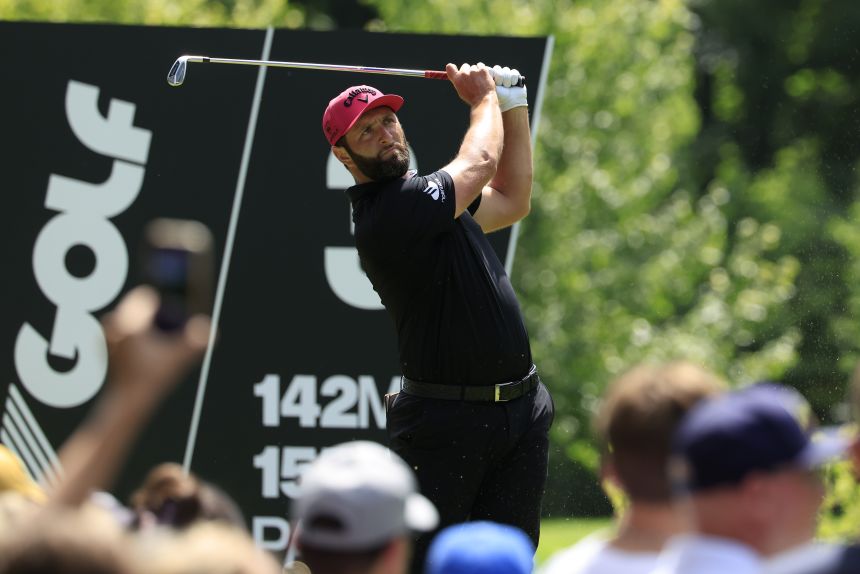 Jon Rahm plays a tee shot during a LIV Golf event in Westfield, Indiana, on Sunday.