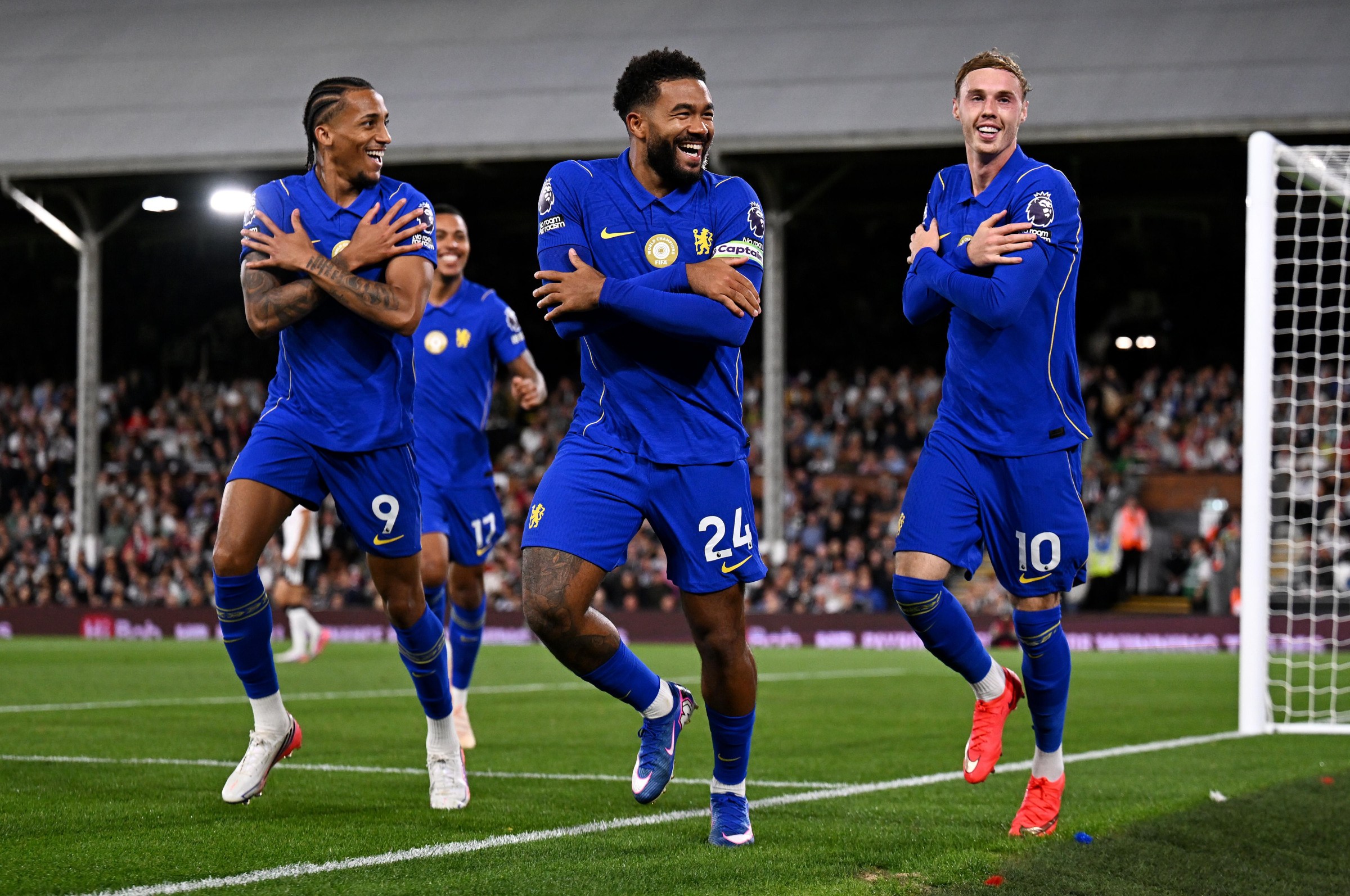 LONDON, ENGLAND - AUGUST 24: Cole Palmer of Chelsea celebrates scoring his team’s third goal with teammates Reece James and Joao Pedro during the Premier League 2026/27 match between Fulham and Chelsea FC at Craven Cottage on August 24, 2026 in London, England. (Photo by Darren Walsh/Chelsea FC via Getty Images)