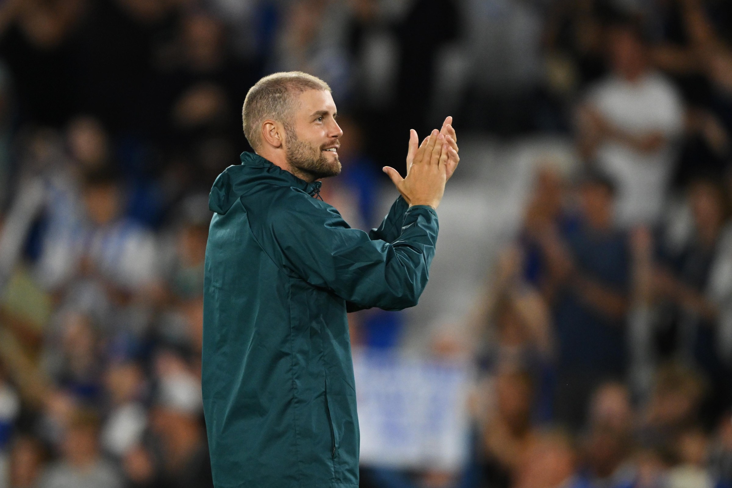 BRIGHTON, ENGLAND - AUGUST 27: Fabian Hurzeler, Manager of Brighton & Hove Albion, applauds the fans after the UEFA Conference League 2026/27 Play Off Round Second Leg match between Brighton & Hove Albion and Tromso at Amex Stadium on August 27, 2026 in Brighton, England. (Photo by Mike Hewitt/Getty Images)