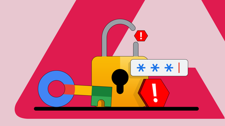 Google Password Manager logo next to an open padlock surrounded by red warning icons.