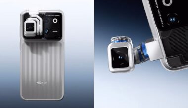 A split-screen view shows the back of a silver Honor smartphone with a mechanical, extendable gimbal camera module in both its retracted and extended positions.
