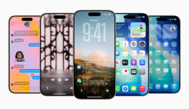 Five iPhones in a row, each showing a different screen: messaging, abstract pattern wallpaper, lock screen with time, home screen with apps, and weather widgets.