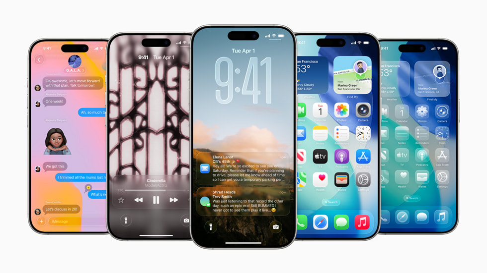 Five iPhones in a row, each showing a different screen: messaging, abstract pattern wallpaper, lock screen with time, home screen with apps, and weather widgets.