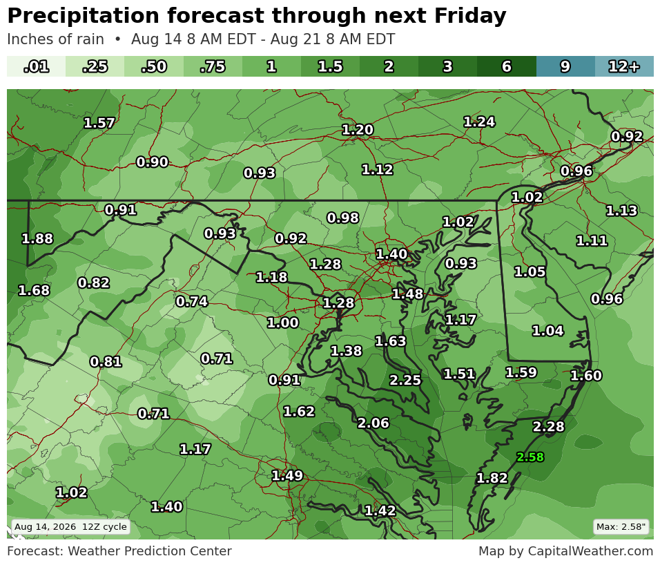 Map of predicted rainfall over the next week.
