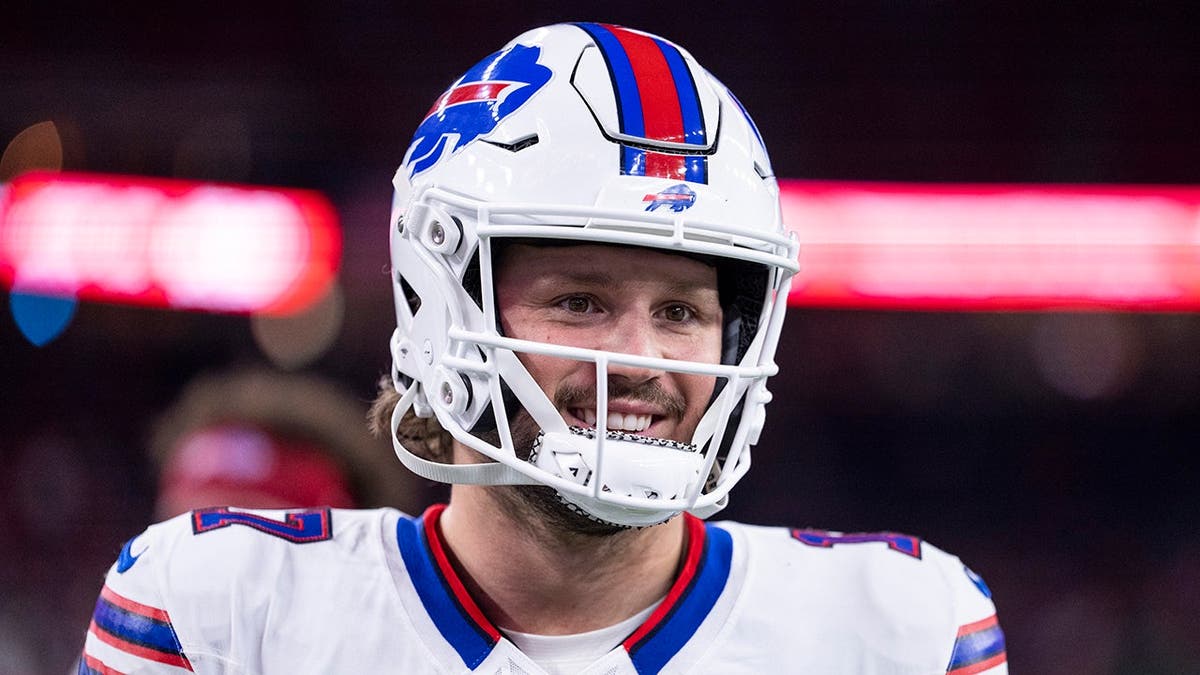 Josh Allen of the Buffalo Bills reacting on the field at NRG Stadium in Houston