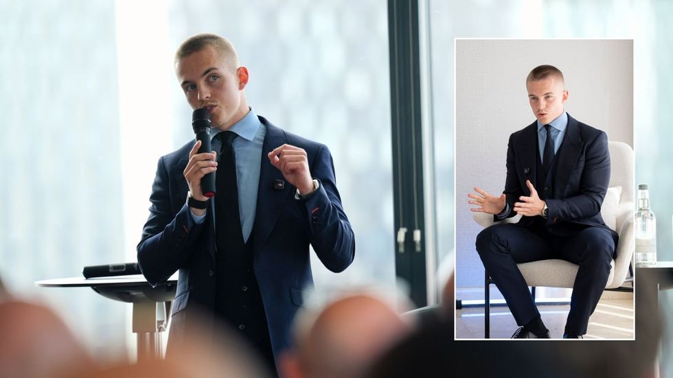 Josh Thomas giving speech and Mr Thomas giving financial advice
