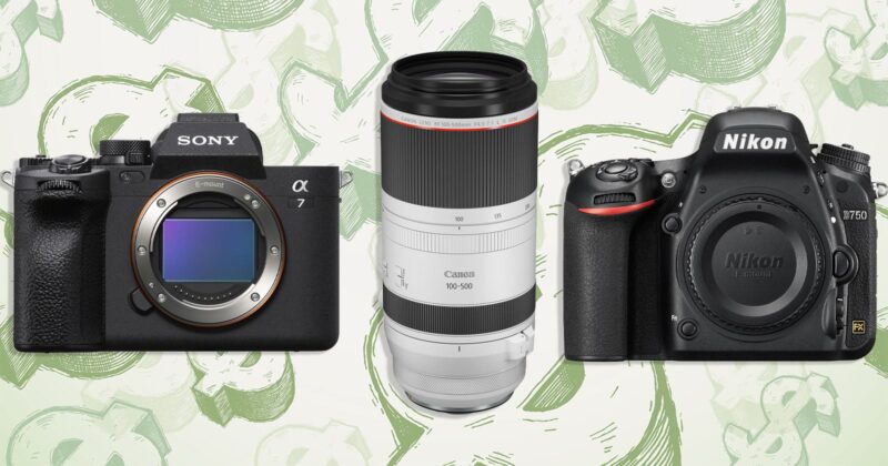 A Sony Alpha 7 camera body, a Canon RF 100-500mm lens, and a Nikon D750 camera body are arranged against a background of green dollar signs.