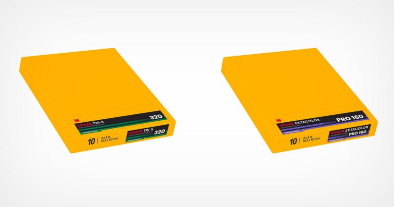 Two boxes of Kodak professional sheet film, one labeled Tri-X 320 and the other Ektacolor Pro 160, sit side-by-side against a white background.