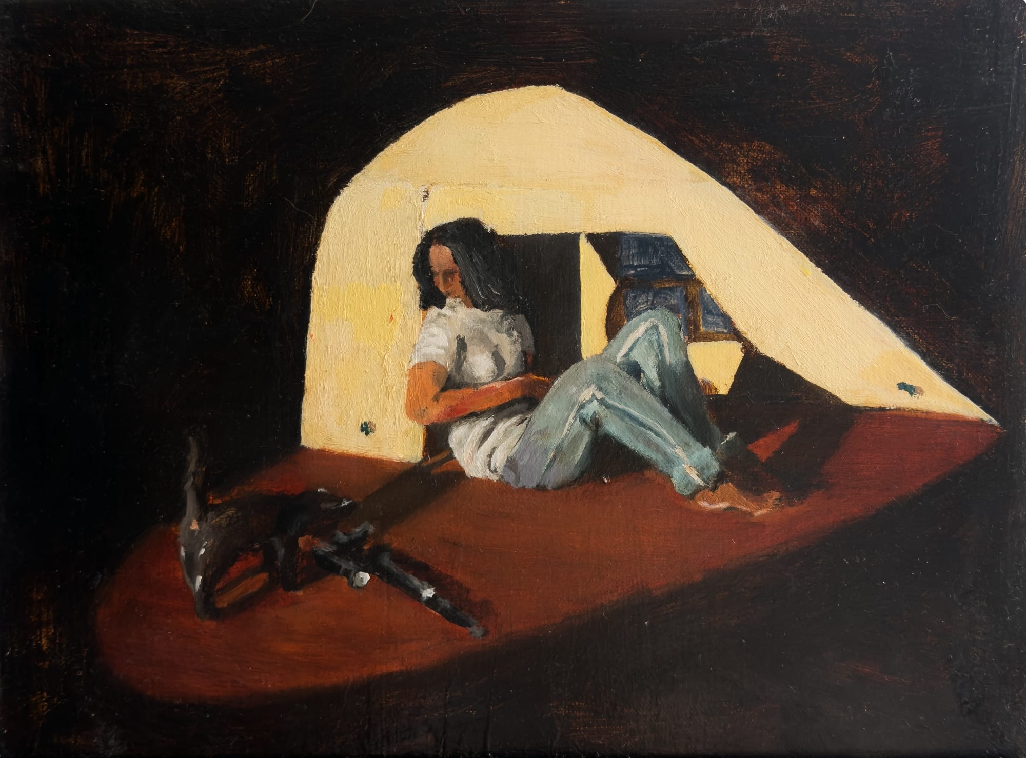 a painting by Isaiah Lee of a person seated on the floor with a cat and gun nearby