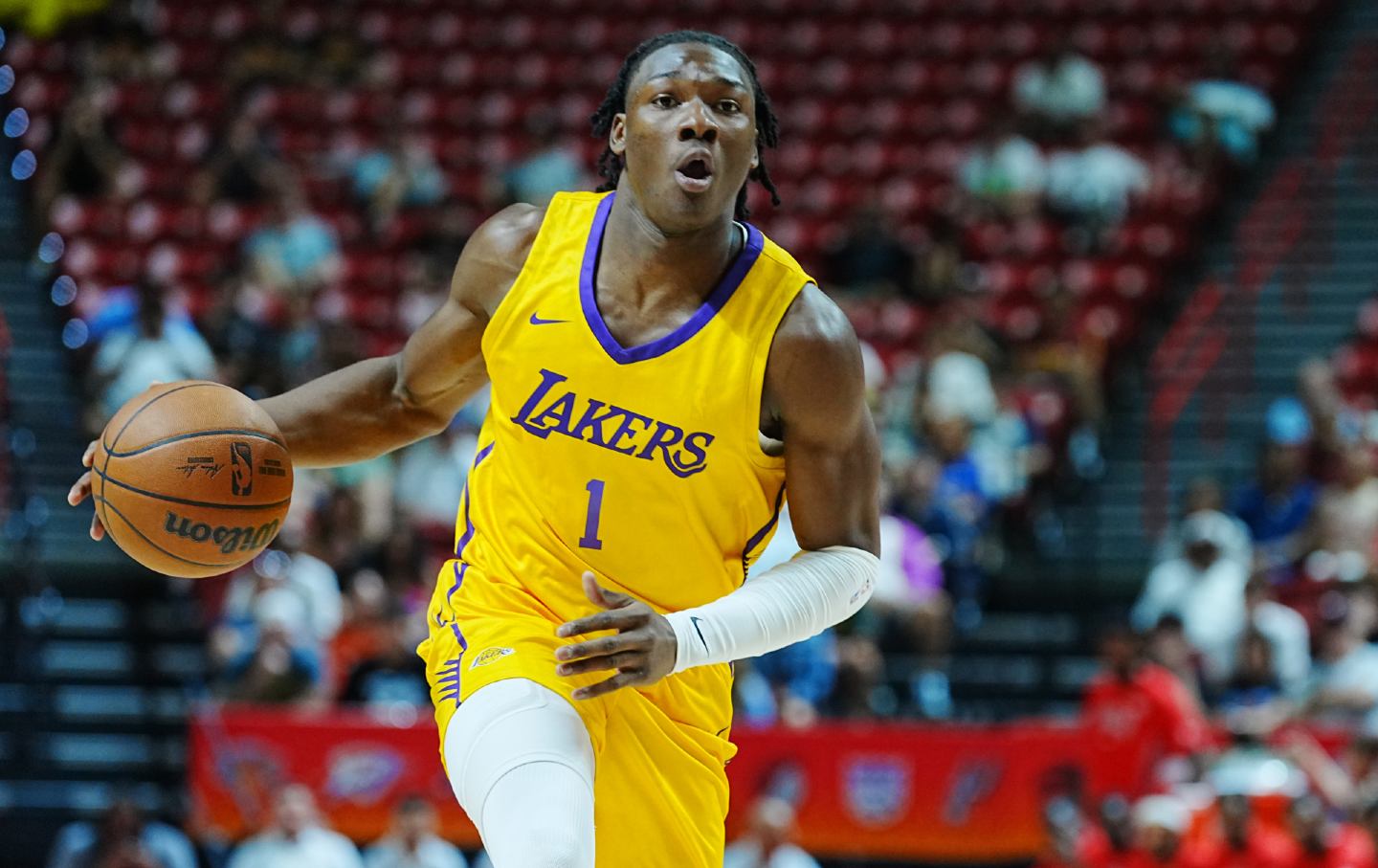 Adou Thiero of the Los Angeles Lakers looks on in the first half of the 2026 NBA Summer League game against the Chicago Bulls on July 16, 2026, in Las Vegas, Nevada.