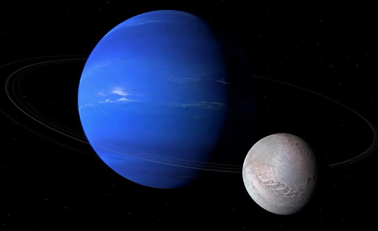 An AI-generated view of Triton orbiting Neptune and its ring