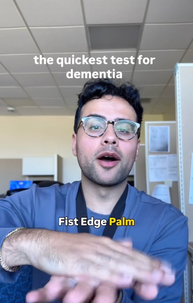 A neurologist demonstrates a quick test for dementia using three hand movements: "Fist Edge Palm."