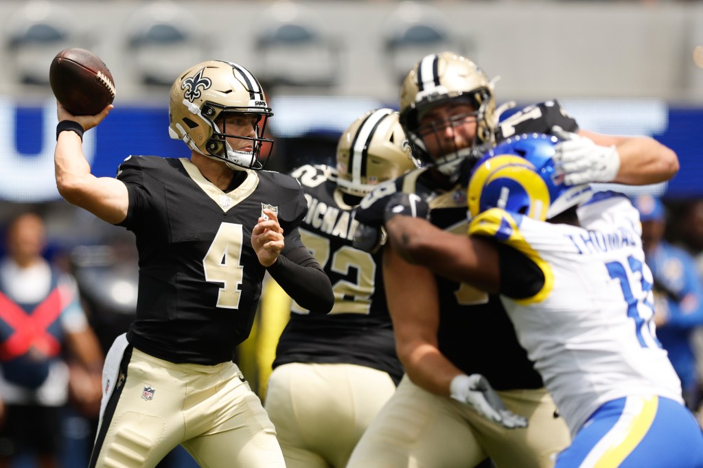 New Orleans Saints quarterback Zach Wilson throws a pass during the first half of an NFL preseason football game against the Los Angeles Rams on Saturday, August 22, 2026, in Inglewood, Calif.  