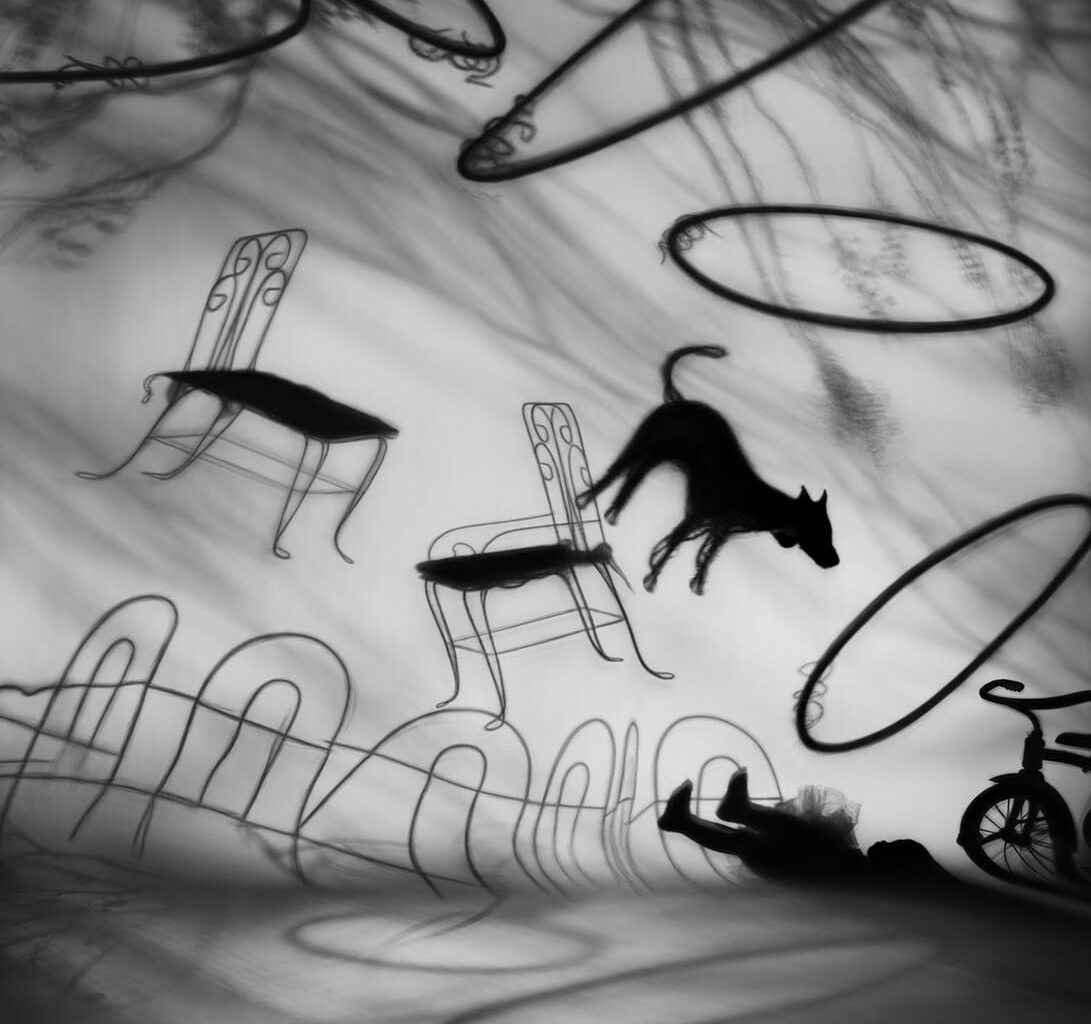 a black-and-white photograph by Susan kae Grant of silhouetted objects like chairs, a fence, and a child
