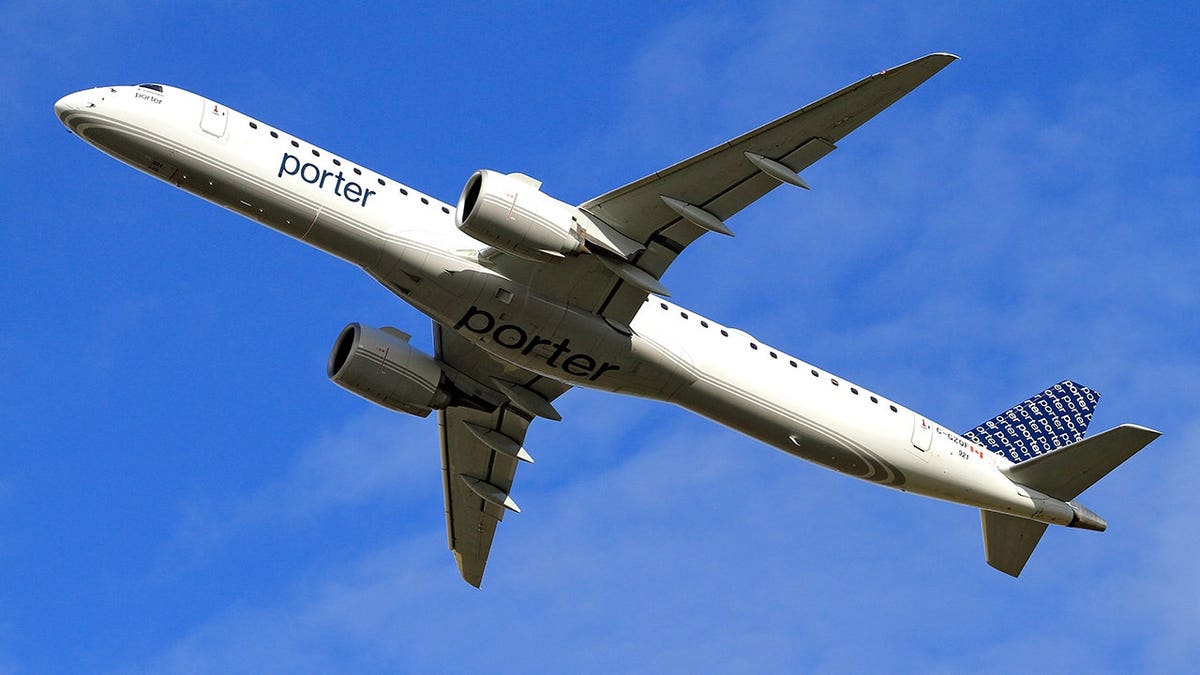 Porter Airlines plane departs from Toronto Pearson International Airport in Mississauga, Ontario.