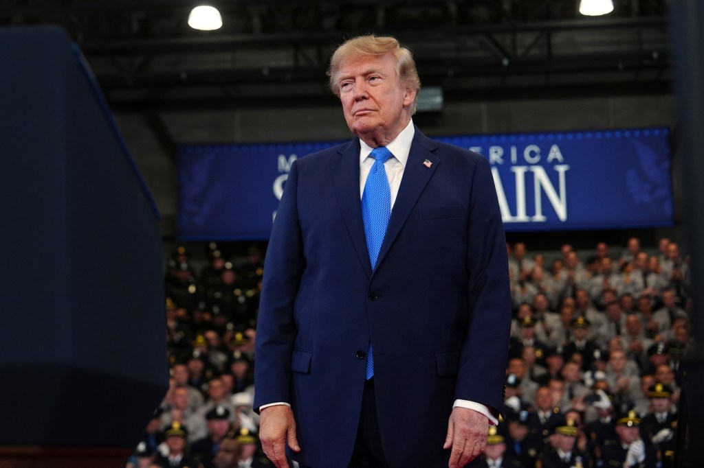 President Donald Trump speaking at the David Mack Center for Training and Intelligence.