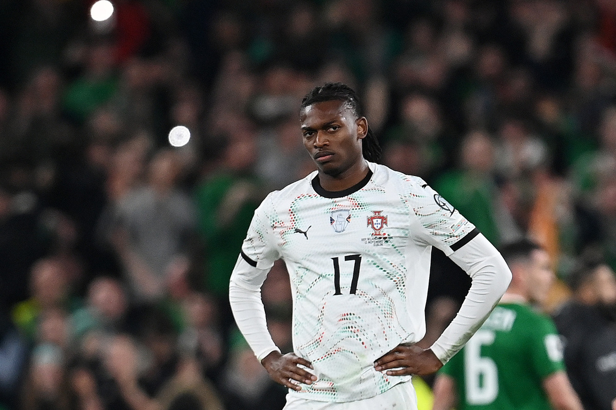 DUBLIN, IRELAND - NOVEMBER 13: Rafael Leao of Portugal reacts after the team's defeat during the FIFA World Cup 2026 qualifier match between Republic of Ireland and Portugal at Aviva Stadium on November 13, 2025 in Dublin, Ireland. (Photo by Charles McQuillan/Getty Images)