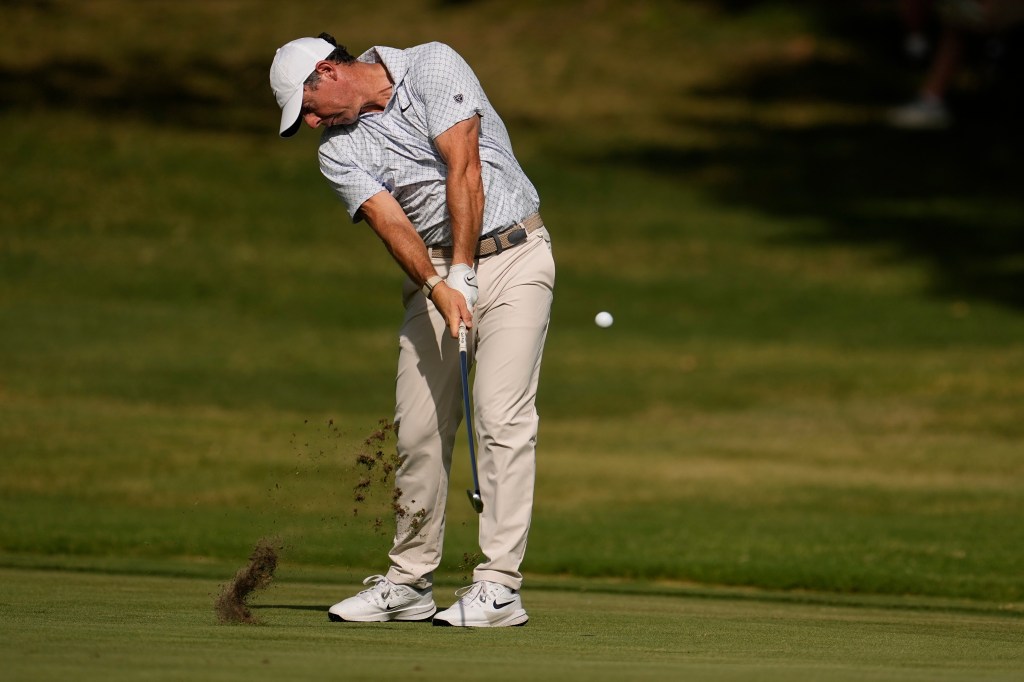 Rory McIlroy, of Northern Ireland, hits from the 10th fairway during the third round of the St. Jude Championship golf tournament on Saturday, August 15, 2026, in Memphis, Tenn.  