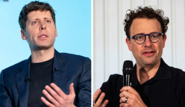 A split screen of OpenAI's CEO Sam Altman and Anthropic's CEO Dario Amodei.