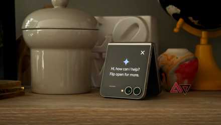 A Samsung Galaxy Z Flip 6 with the Gemini app running on its outer screen.