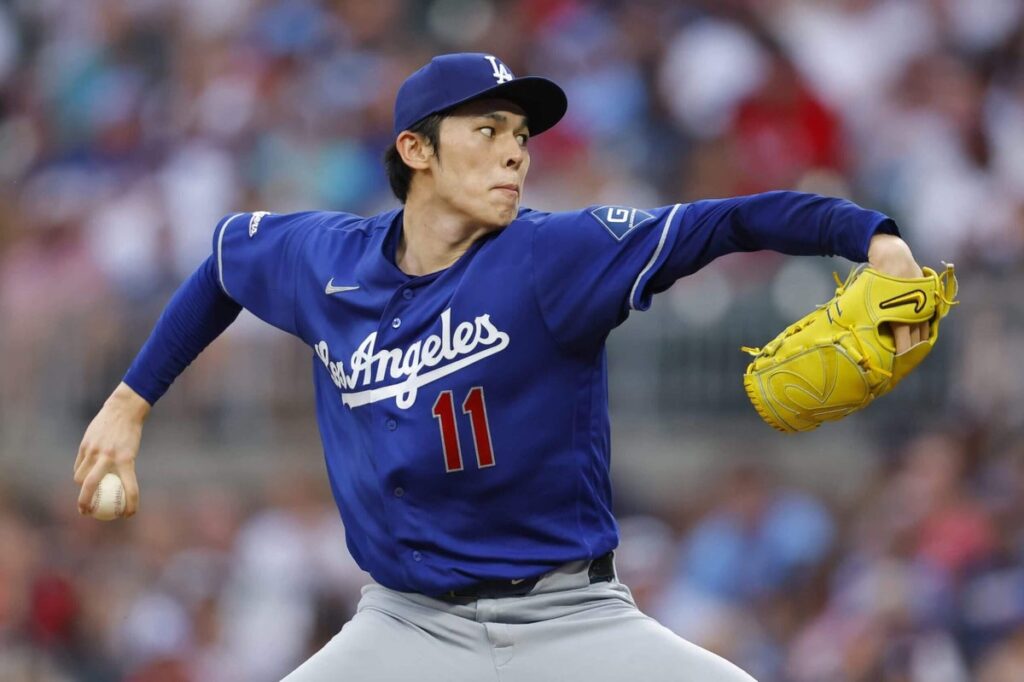 Roki Sasaki of the Los Angeles Dodgers pitches against the Atlanta Braves on August 26, 2026 in Atlanta, Georgia
