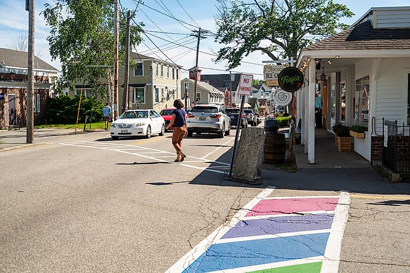 Shops and New England buildings in the coastal town of Kennebunkport, Maine.