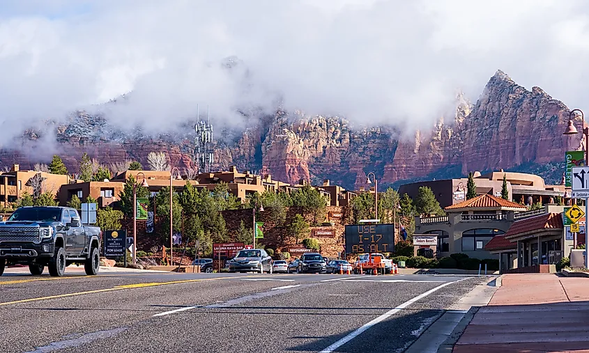Downtown Sedona, Arizona, ringed by red sandstone rock formations.