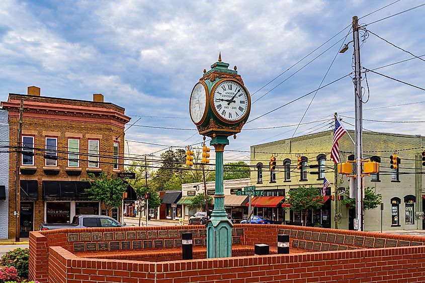The Angier Town Clock, a downtown landmark in Angier, North Carolina.