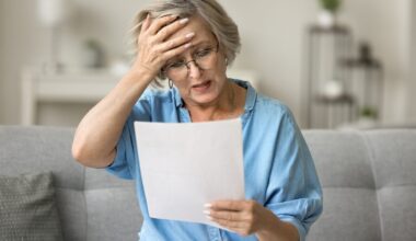 Stressed frustrated older woman getting bad news from paper letter, reading document at home, touching head in despair, panic attack, sitting on couch, receiving concerning medical result