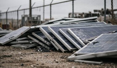 Decommissioned solar panels stacked at an industrial yard awaiting solar panel recycling, solar panels labeled