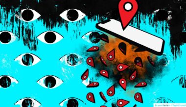 eyes on a blue background with a phone featured prominently with location markers falling out of it, suggestive of a leak