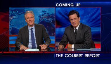 Jon Stewart Stephen Colbert toss
