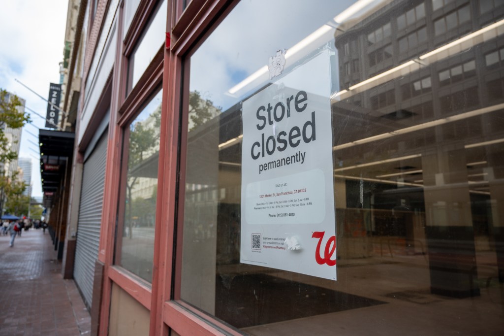 A "Store closed permanently" sign and Walgreens logo on a storefront on Market Street in San Francisco.