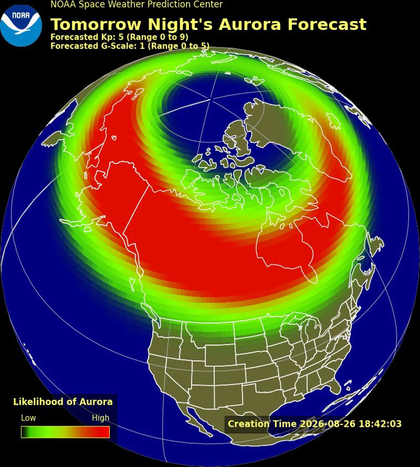 NOAA polar map showing aurora forecast likelihood over North America with color-coded oval indicating high probability zones in red near Canada