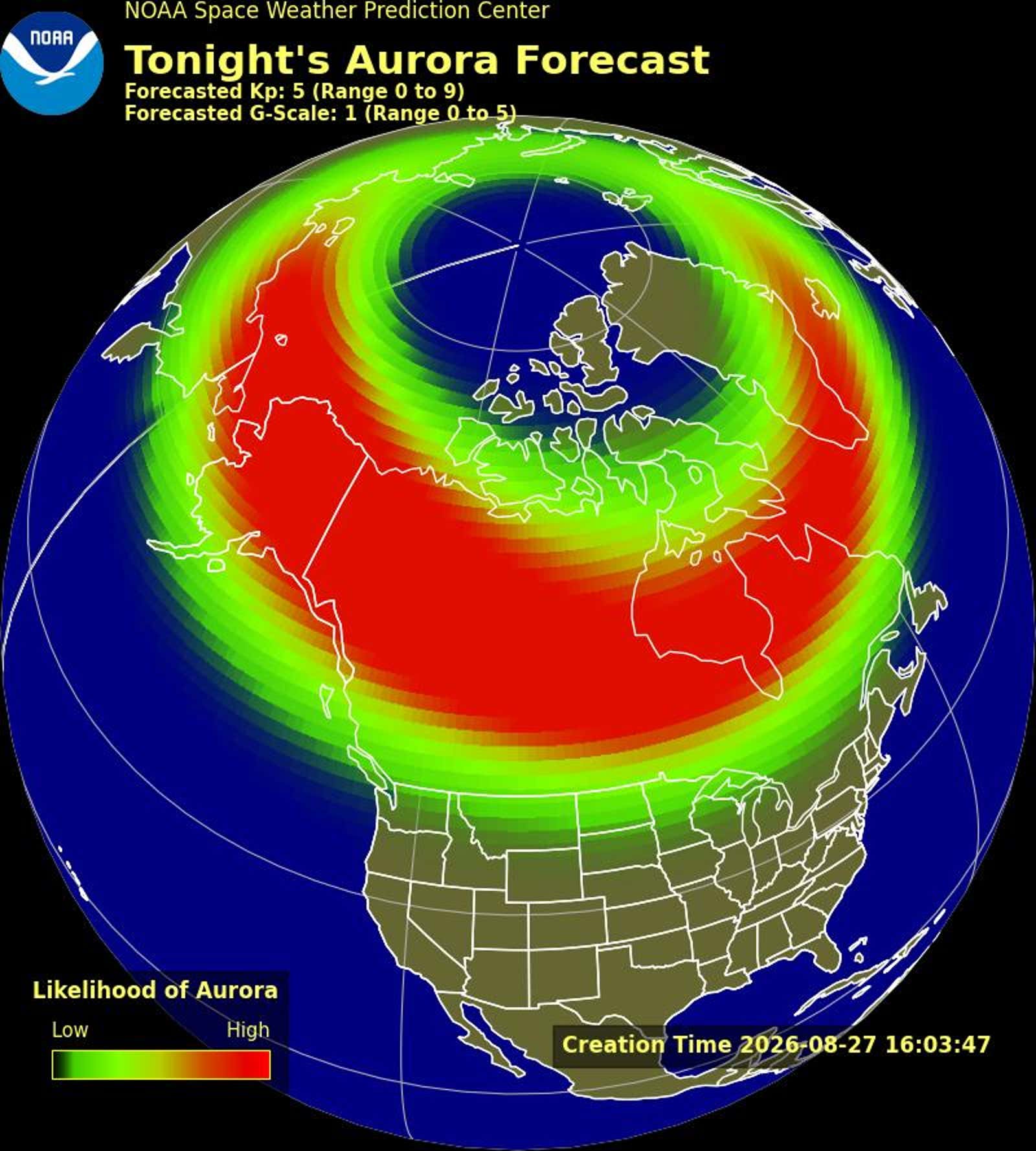 NOAA polar map showing aurora forecast likelihood over North America with color-coded oval indicating high probability zones in red near Canada