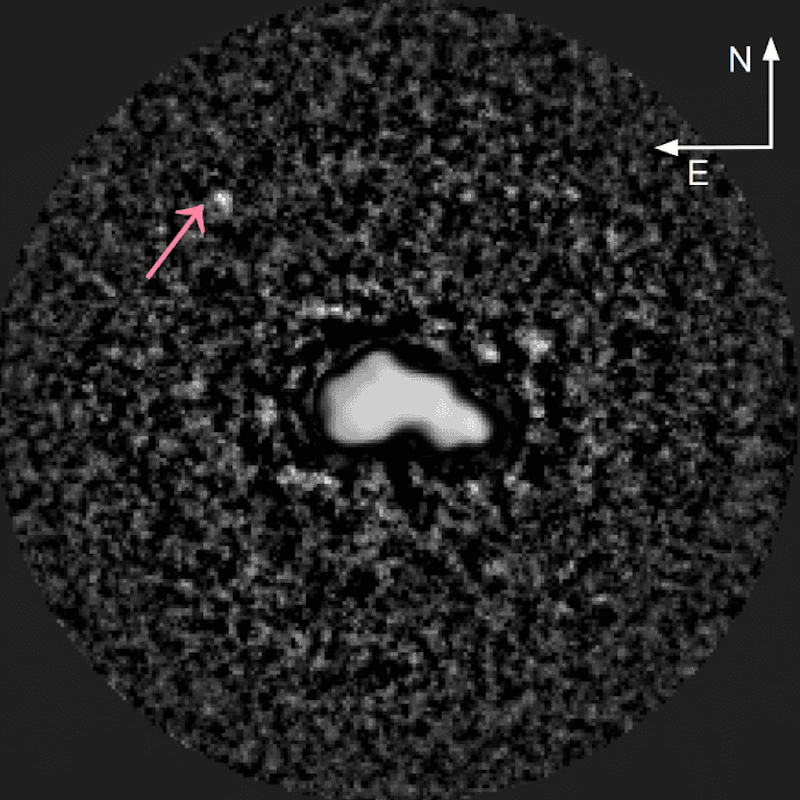 Asteroid (44) Nysa imaged with the SHARK-VIS instrument on the Large Binocular Telescope. The tiny moon S/2026 (44) 1, arrowed, was pulled from the asteroid's glare using techniques borrowed from exoplanet hunting (Credit : SHARK-VIS/LBT Observatory)