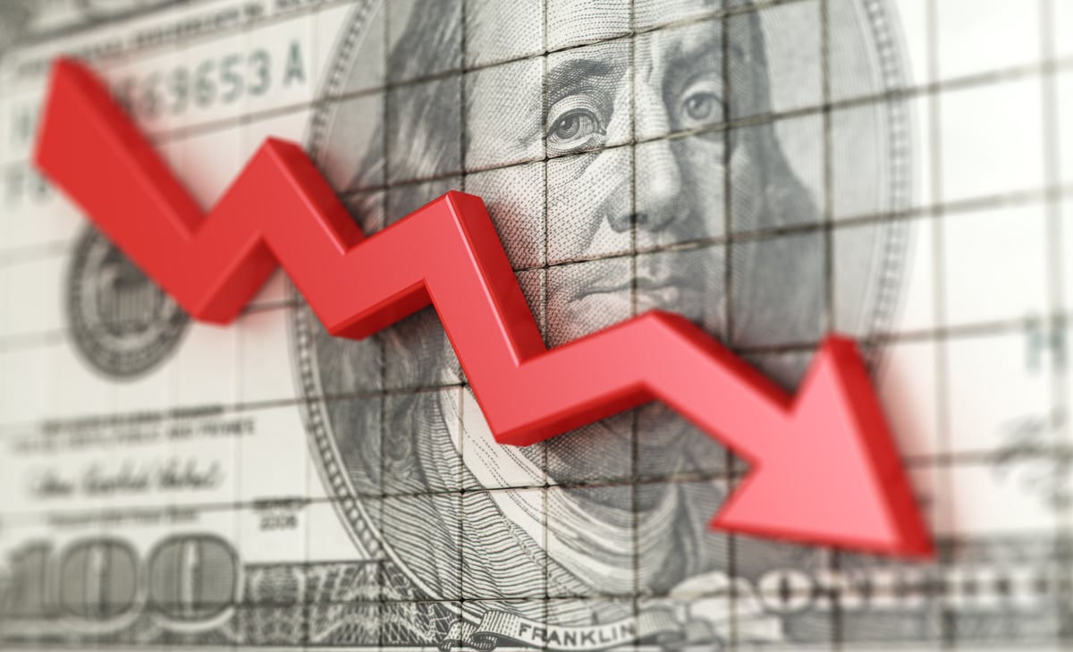 A chart line going down over a hundred-dollar bill.