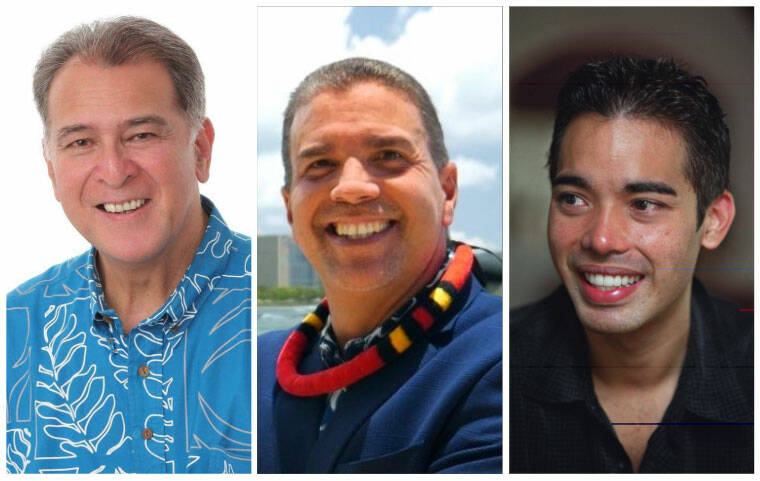 COURTESY PHOTOS AND STAR-ADVERTISER
Incumbent OHA At-Large Trustee Brickwood M. Galuteria, former Honolulu City Council member Ikaika Anderson and incumbent OHA At-Large Trustee John D. Waiheʻe IV are among the six primary winners moving on to the general election in November.