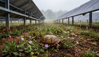 Box turtle resting beneath Arkansas solar farm panels in native wildflowers