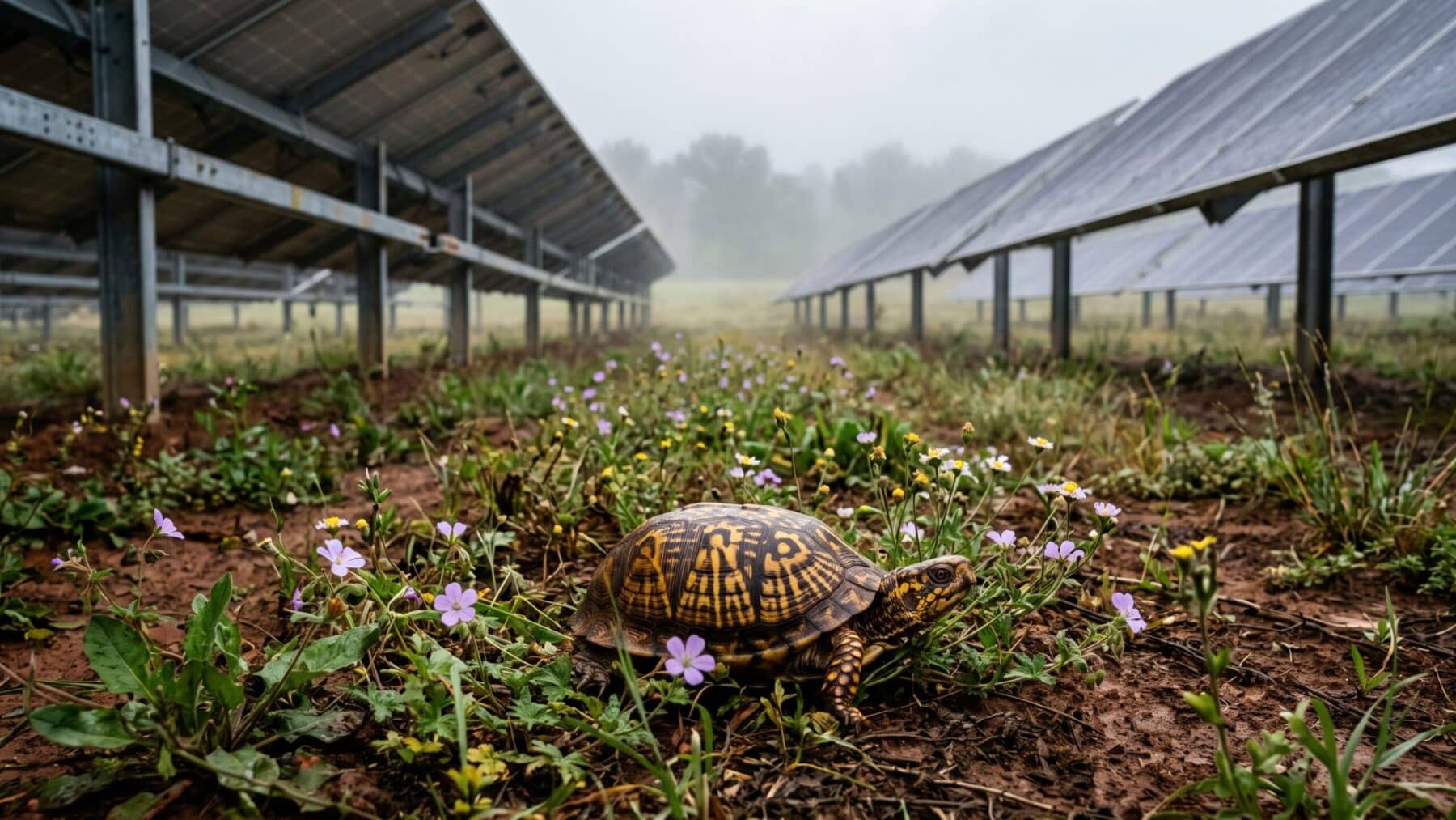 Box turtle resting beneath Arkansas solar farm panels in native wildflowers